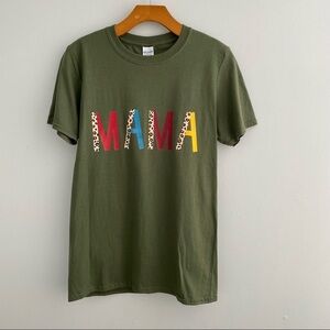 MAMA Graphic Tee Olive Green Leopard Print Size Small